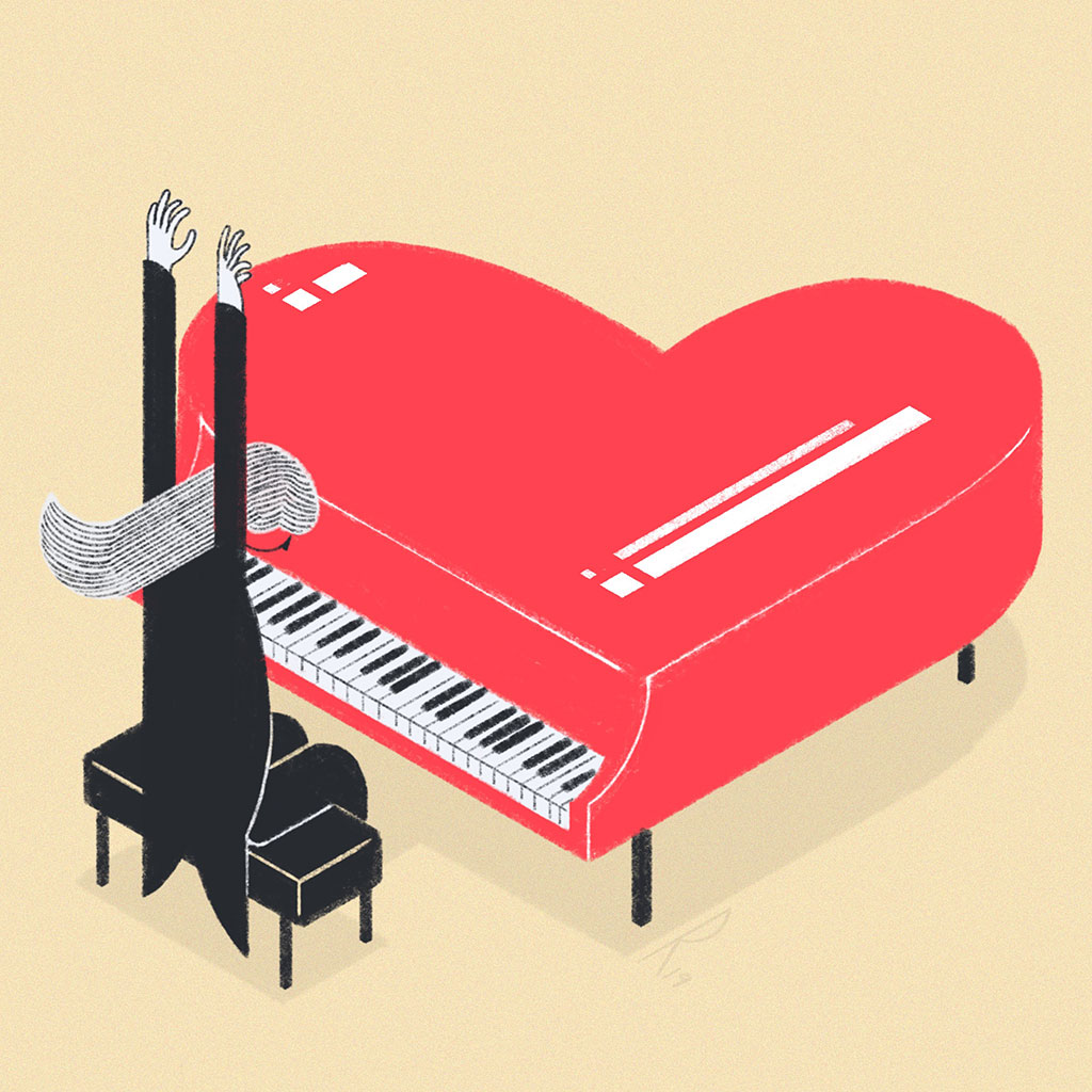 Piano rojo con forma de corazón y músico con los brazos en alto listo para tocar.